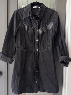 Zara Black Denim Button-Front Dress with Rhinestone Fringe